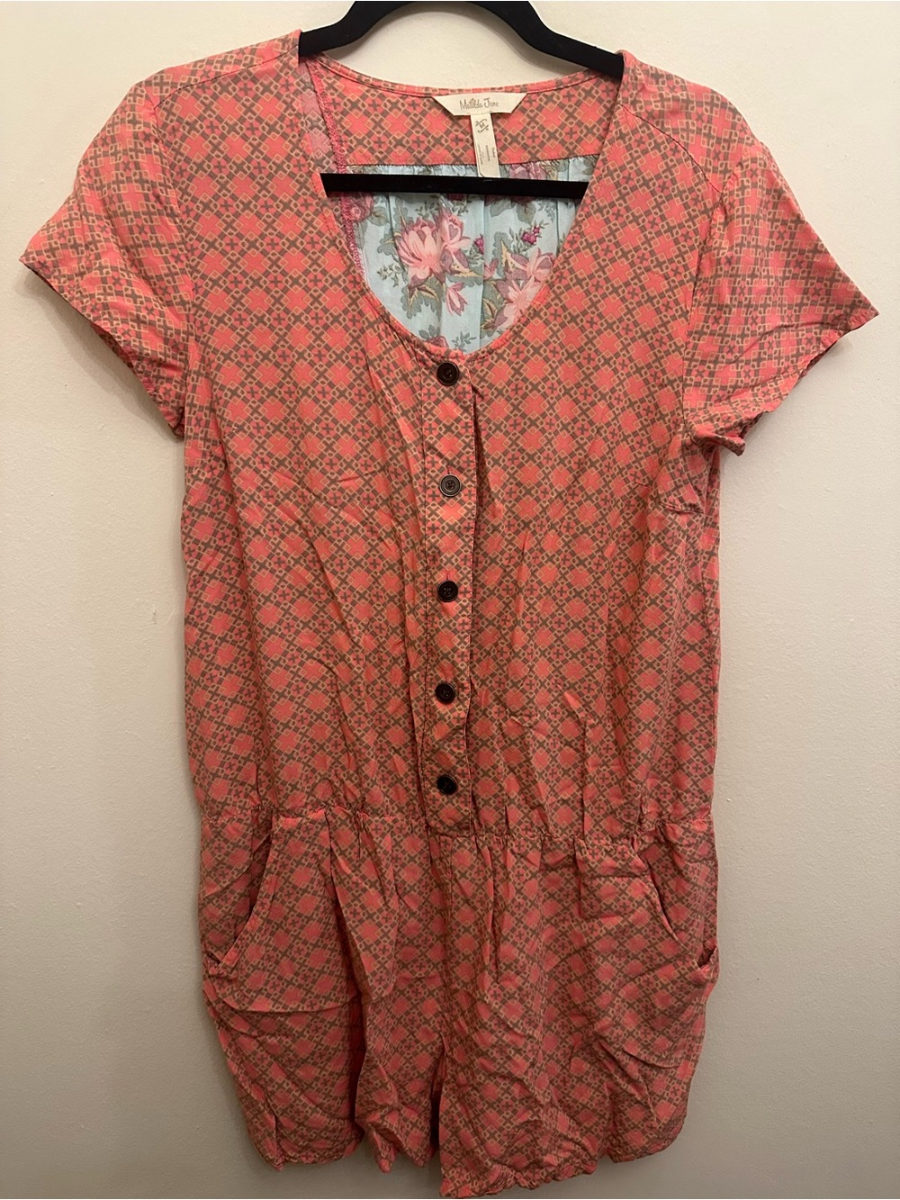 Matilda Jane M Romper Short Sleeve Boho Coral Floral Geometric Print Cottagecore